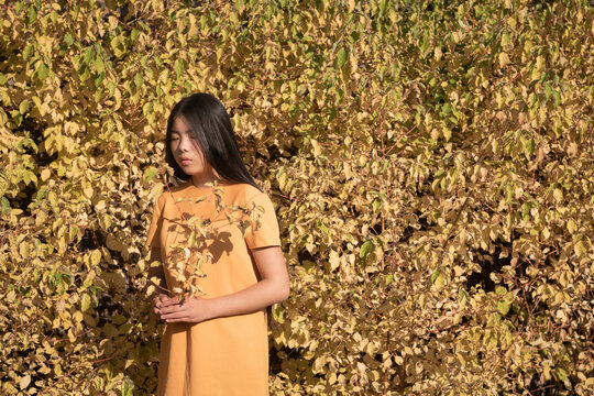 asian girl in yellow dress standing near autumn foliage bush
