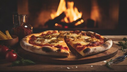 Hot Italian pizza with cheese on fire place background 