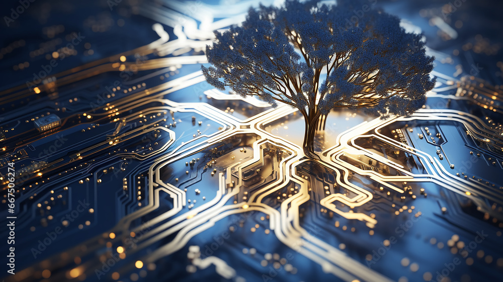 Poster background concept is artificial intelligence, a symbol of nature and growth, a tree of life and a b