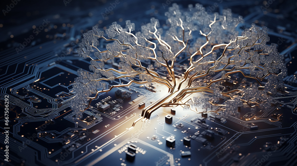 Poster background concept is artificial intelligence, a symbol of nature and growth, a tree of life and a b
