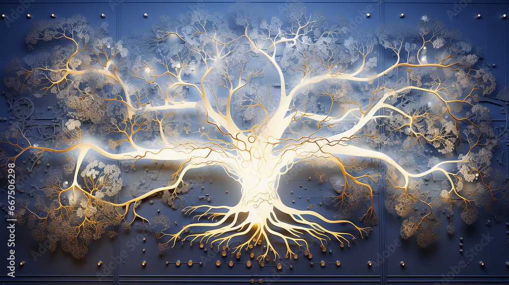 Poster background concept is artificial intelligence, a symbol of nature and growth, a tree of life and a b