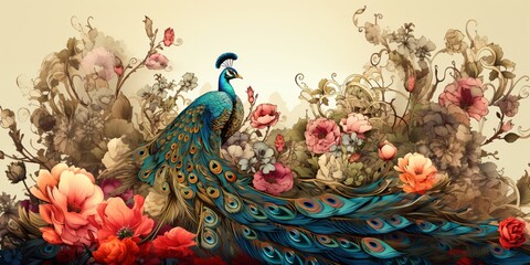 vintage painting of a peacock with flowers