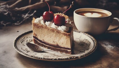 piece of torte, one cherry on top, cop of coffee, food photography, top view - obrazy, fototapety, plakaty