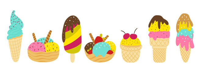 Set of various multicolored ice cream