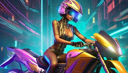 sexy Woman with costume on futuristic motor bike with futuristic helmet 30524