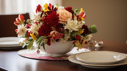 Place Setting Adorning the Dining Room Table with Fresh Blooms,