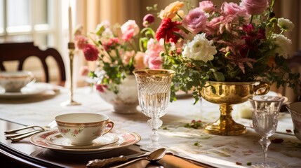 Fototapeta premium Place Setting Adorning the Dining Room Table with Fresh Blooms,