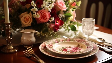 Fototapeta premium Place Setting Adorning the Dining Room Table with Fresh Blooms,