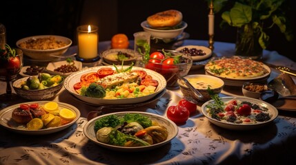 Obraz premium Plates of Hot, Mouthwatering Food Awaiting at the Dining Table,