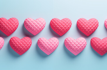 Pink hearts on light blue background. Minimal pink blue valentine composition. Copy space. 