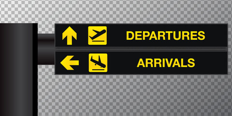 Airport sign departure arrival travel icon. Airport Departure Arrival information board sign in terminal at airport. Eps10 vector illustration.