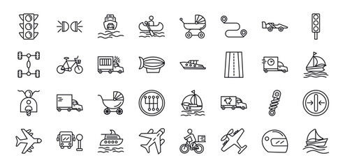 Fototapeta na wymiar outline icons set from transport concept. editable vector such as semaphore, car lights, ferry carrying cars, baby trolley, light aircraft, motorsport, sailing icons.