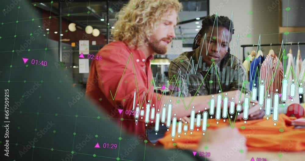 Aufkleber Animation of graphs with changing numbers over diverse designers discussing about clothes design