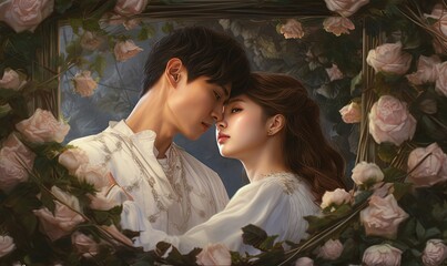 illustration portrait of man and woman romantic scene of couple lover together in secret flower garden, Generative Ai - obrazy, fototapety, plakaty