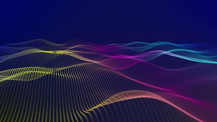 Digital, particles and energy with wave grid for technology and science. Light, cyber and futuristic with 3d dust grid pattern on black background for networking, texture and data hologram - Powered by Adobe