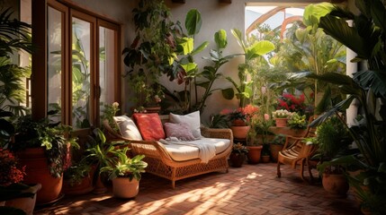 Fototapeta na wymiar Sun-Kissed Corner Adorned with Lush Pot Plants, Creating a Peaceful Retreat,