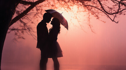 autumn evening in a rainy park lovers with an umbrella, silhouette of a couple on a walk