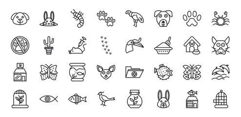 Fototapeta na wymiar outline icons set from animals concept. editable vector such as dog head, bunny, grub, fishbowl, animal, fish shop, cage icons.