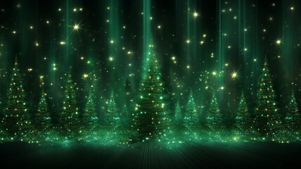 green christmas background with Christmas trees decorated with small lights, greeting card blank
