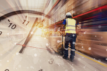 warehouse worker hurry quick ship products sending in time clock business working hours overlay...
