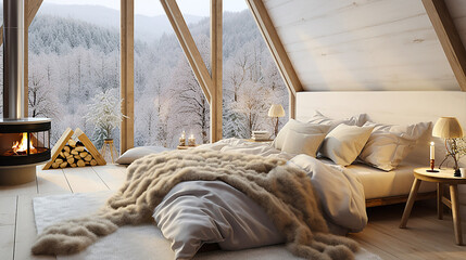 Warm bedroom with window with midwinter view - obrazy, fototapety, plakaty
