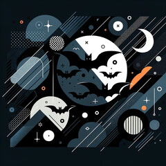 Illustration of a modern geometric design with Halloween elements. Abstract shapes in dark tones form the background, overlaid with sleek icons of bat