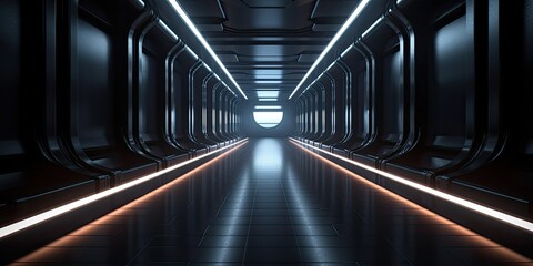 Realistic sci-fi dark corridor with neon light on panel walls. Futuristic tunnel with grunge metal walls. Interior view. Modern futuristic hall. Empty corridor in a spaceship. Generative AI.