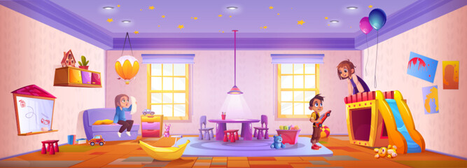 Kindergarten classroom with kid character cartoon vector. School room interior with children concept. Preschool playground and education daycare with window, floor, furniture and carpet inside