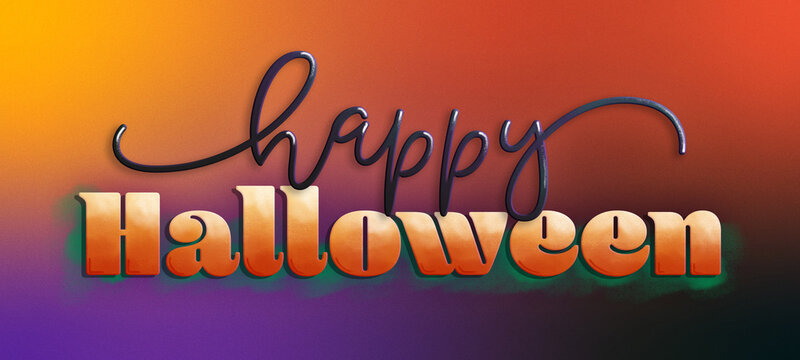Happy Halloween banner graphic in orange, purple, green, and black. Hand drawn sketchy elements with decorative typography.