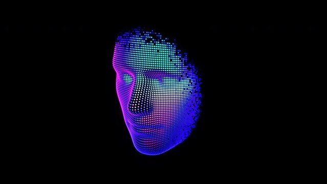 Artificial intelligence 3D human face is created from ultraviolet pixels. Abstract concept of digital twins technology, machine learning or artificial intelligence ethics. 4K video, black background