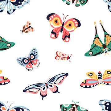 Butterflies, seamless pattern. Tropical nature background with flying moths, colorful wings. Endless repeating print, texture design for fabric, textile, wrapping, wallpaper. Flat vector illustration