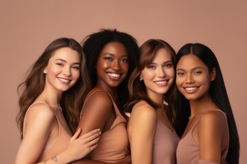 Obraz premium Portrait of happy diverse multi ethnic young women on beige background.