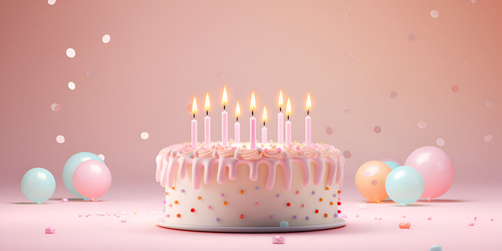 Birthday cake with colorful candles tiered beautiful cream cake.Happy Birthday Pink Cake Images.Birthday cake, colorful candles, tiered cake, cream cake, celebration, dessert, birthday party, 