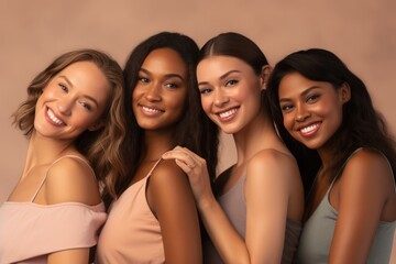 Fototapeta premium Portrait of happy diverse multi ethnic young women on beige background.