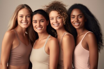 Obraz premium Portrait of happy diverse multi ethnic young women on beige background.
