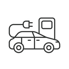 Electric car on EV station line icon. EV charging station. Electric vehicle charging station icon. Editable stroke. Vector illustration.