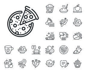 Italian food slice sign. Crepe, sweet popcorn and salad outline icons. Pizza line icon. Cheese fast food symbol. Pizza line sign. Pasta spaghetti, fresh juice icon. Supply chain. Vector