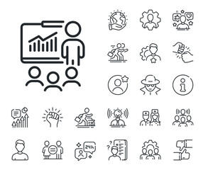 Business meeting sign. Specialist, doctor and job competition outline icons. Presentation line icon. Conference symbol. Presentation line sign. Avatar placeholder, spy headshot icon. Vector