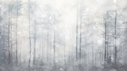 Fototapeta na wymiar background landscape snowfall in foggy forest, winter view, blurred forest in snowfall with copy space
