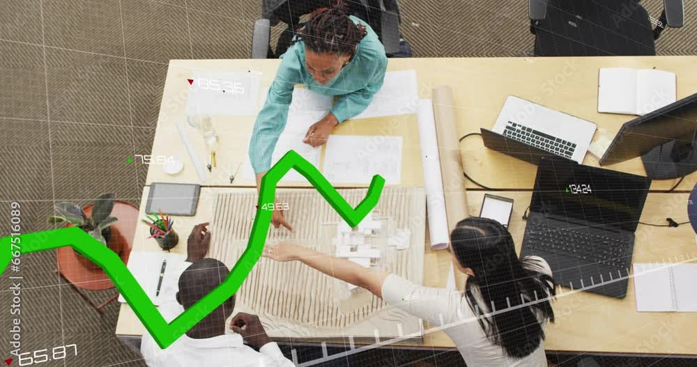 Poster animation of graph and changing numbers over diverse architects discussing on 3d model of buildings