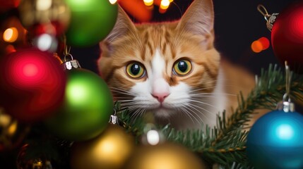 Obraz premium Curious cat hiding among Christmas presents under a festive tree