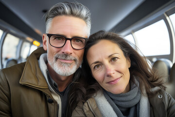 Travel photography of a mid aged couple on a train