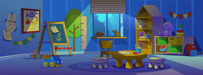 Kindergarten classroom at night cartoon interior. Preschool room for kid with toy, table and chair. Painting activity, recreation and education indoor furniture and moonlight from window concept.