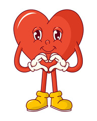 Groovy heart character sticker. Valentine's day. Retro vector illustration for poster, postcard, banner.