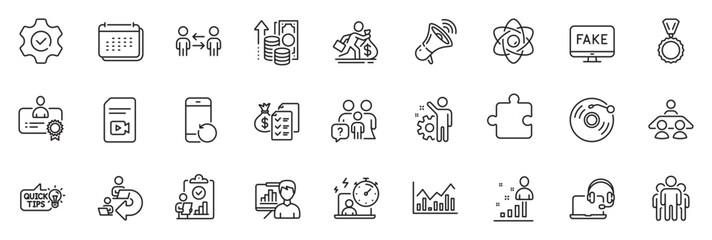 Icons pack as Delegate work, Presentation board and Stats line icons for app include Group, Infochart, Megaphone outline thin icon web set. Certificate, Execute, Inflation pictogram. Vector