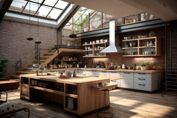 Kitchen interior with high table and extractor hood
