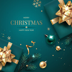 Square banner with gold and green Christmas symbols and text. Christmas tree, balls, golden tinsel confetti and snowflakes on green background. Luxury background.
