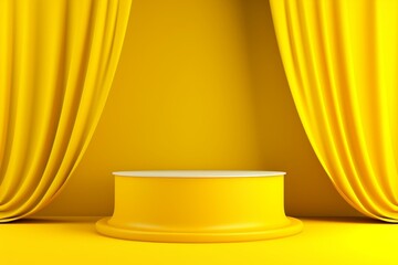 Abstract podium on a bright yellow curtain background. Empty showcase for product presentation. Beauty cosmetic. Easter holidays. Generative AI