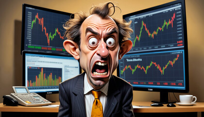 Financial Humor: Caricatured Businessman in the CAC 40 Stock Market. - obrazy, fototapety, plakaty