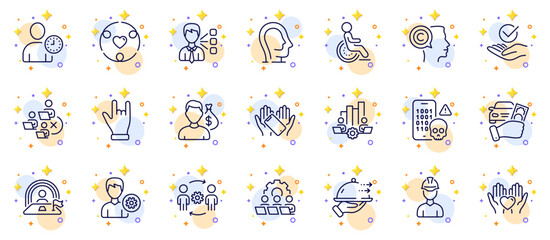 Outline set of Remove team, Salary and Cyber attack line icons for web app. Include Disability, Teamwork chart, Rent car pictogram icons. Inclusion, Smartphone holding, Support signs. Vector